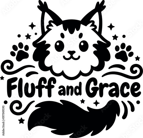 Black and white cat face with paw prints and fluff and grace lettering vector art