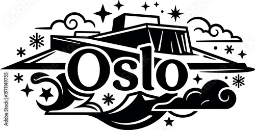 Oslo city hall with stars clouds and swirls