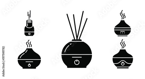 Set of 5 black essential oil diffusers and aroma reed diffuser vector