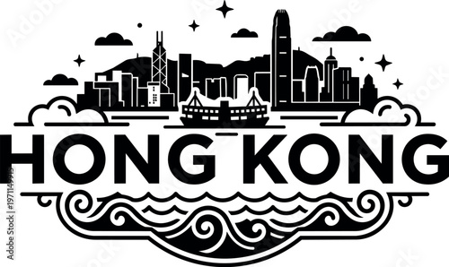 Black and white line art hong kong city skyline with boat and waves vector