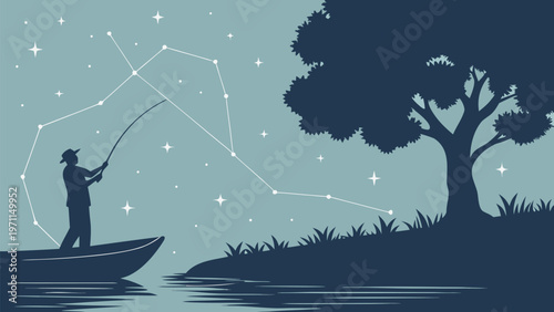 Fisherman casting line into starry night sky with constellation serene lake scene with tree silhouette