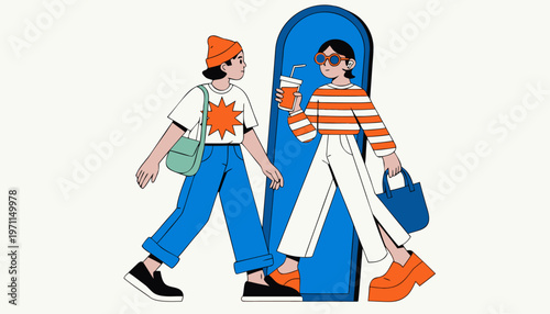 Two young women walking past a mirror with one reflected