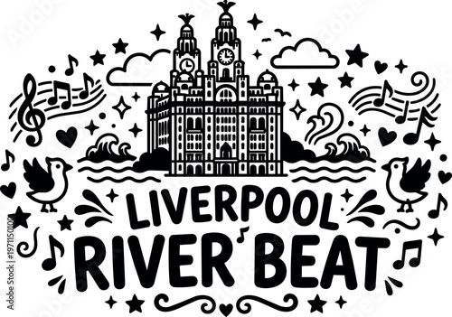 Liverpool river beat black and white line art with music notes and birds