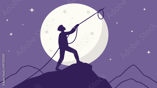 Man pulling rope towards full moon on mountain peak at night with stars