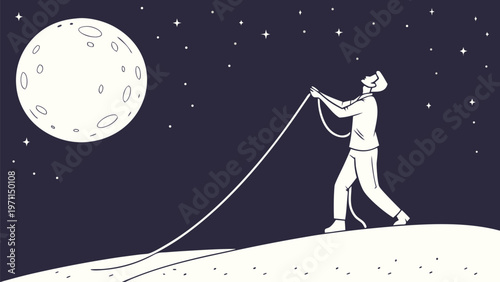 Man pulling rope connected to moon in night sky with stars symbolizing effort and determination in achieving goals and dreams
