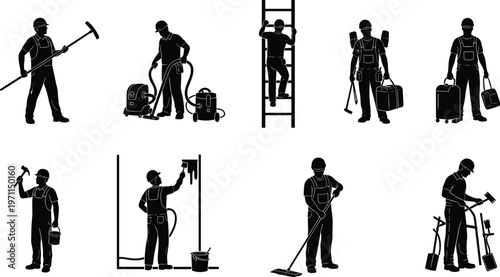 Cleaning service workers silhouettes vector illustration set janitor equipment housekeeping maintenance people isolated black design elements for professional sanitation work