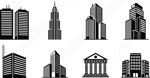 Collection of city building icons including skyscrapers offices bank and apartments, urban skyline architecture vector illustration isolated on white background