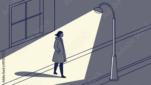 A woman stands alone under a streetlight on a gray urban street at night lost in thought