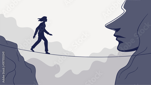 Person walking tightrope between cliffs with giant face symbolizing risk and mental challenge