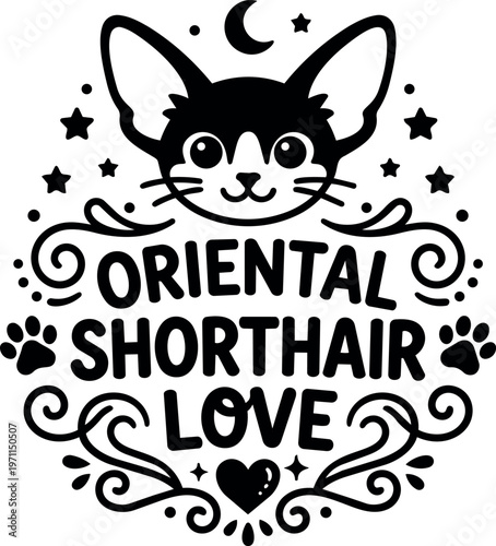 Oriental shorthair cat face with stars and love phrase vector art