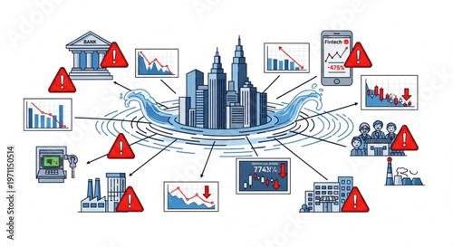 Financial crisis and economic downturn conceptual vector illustration showing failing banks and shrinking business growth with red warning icons