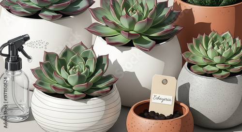 Set of beautiful echeveria succulents in various ceramic pots with spray bottle on desk for home interior decoration or gardening concept