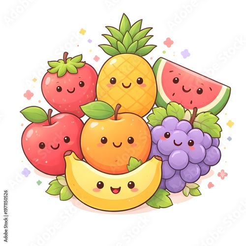 Cute Kawaii Fruit Set with Smiling Faces – Adorable Cartoon Fruits Illustration