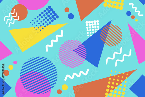 Memphis design seamless repeat pattern. Memphis 80s geometric colorful creative design vector illustration. For textile, texture, fabric wrapping, decorative, wallpaper, shirts, clothing, tablecloth