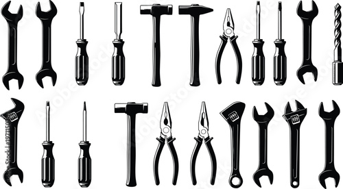 Hand tools silhouettes vector illustration large set of wrenches screwdrivers pliers hammers drill bits isolated black equipment collection design
