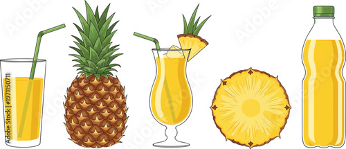 Pineapple and Pineapple Juice Vector Set Featuring Fresh Fruit, Drink, and Bottle for Tropical Beverage and Fruit Designs