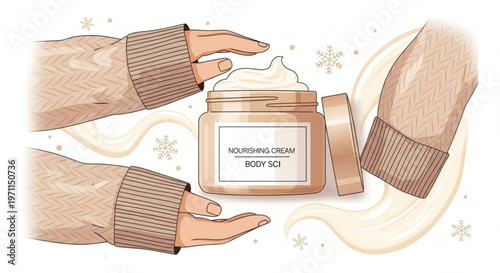 Nourishing cream jar held by hands in warm sweaters with snowflake icons for winter skincare routine and moisturizing dry skin