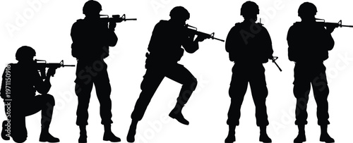 Military soldier silhouettes vector illustration set armed army personnel in combat poses isolated black design for defense security and warfare
