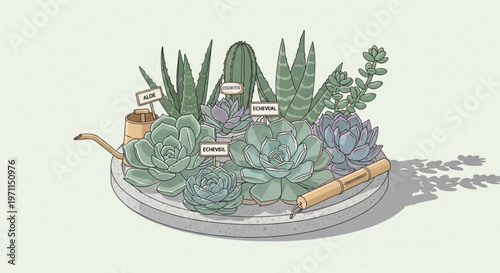 Minimalist flat vector illustration of a succulent garden in a concrete planter with plant labels and small watering can for home decor and botany