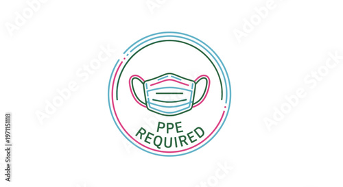 Circular neon PPE required sign with face mask icon