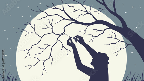 Silhouette of person repairing cracks in the sky with stitching under a full moon with stars conveying hope and environmental repair