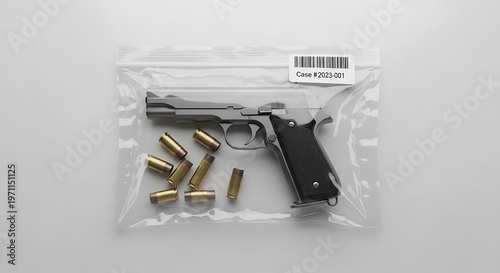 Disassembled black handgun with bullets in clear plastic evidence bag on white background