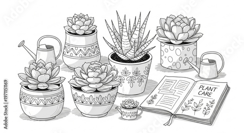 Detailed black and white line art illustration of succulent plants in patterned pots with a plant care journal and small watering cans for hobbies