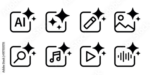 Black UI icons with sparkles, element vector set