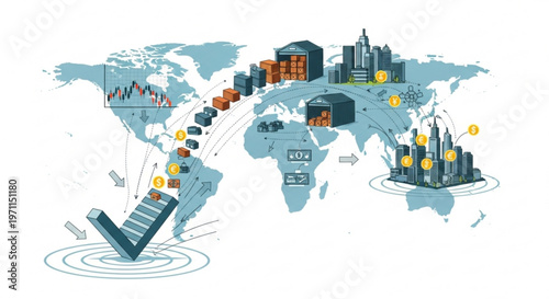 Global logistics supply chain infographic showing shipping containers moving across a world map with financial icons and city nodes for international trade
