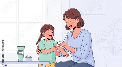 Mother applying moisturizing cream on her daughter arm in a cozy home environment illustration for skincare and parenting lifestyle concepts
