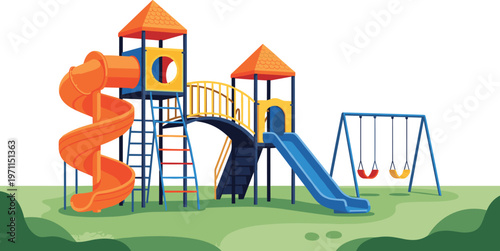 WeColorful children playground equipment with spiral slide, bridge, straight slide, and swings set on green grass for outdoor park fun.