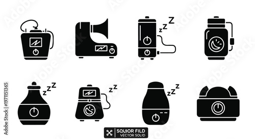 Set of 8 Black Humidifier and Air Purifier Vector Icons