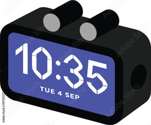 Sleek digital alarm clock with glowing numeric display showing time and modern design. Perfect concept for gadgets, electronics, technology and home accessories.