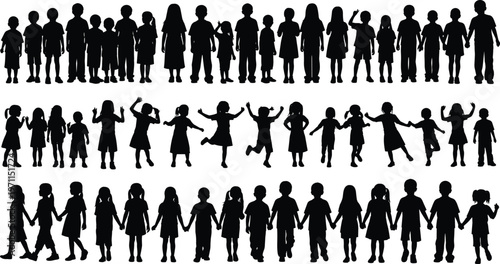 Children silhouettes set collection featuring diverse group of kids standing in rows holding hands playing and dancing in black vector isolated on white background.
