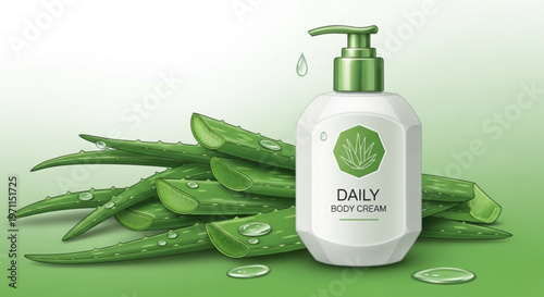 Aloe vera plant leaves with cosmetic body cream bottle and water droplets in a professional skincare advertising style