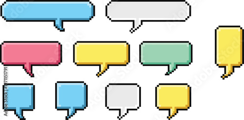 Collection of colorful pixel art speech bubbles and chat boxes in 8-bit retro gaming style featuring various rectangular shapes isolated on white background