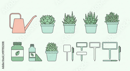 Set of succulent plants and gardening tools as a flat vector icon collection for horticultural hobbyists and botanical design projects