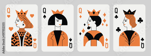 Queens of hearts, diamonds, clubs, and spades cartoon style, featuring abstract modern poster templates with a poker concept, designed in a flat vector design suitable for playing card themes