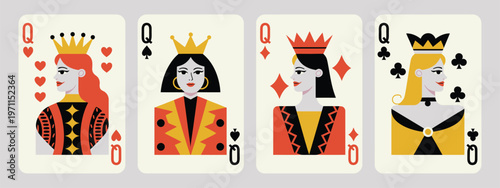 Queens of hearts, diamonds, clubs, and spades cartoon style illustration set showcasing stylized queen characters for each suit, presented as abstract modern poster templates in flat vector design 
