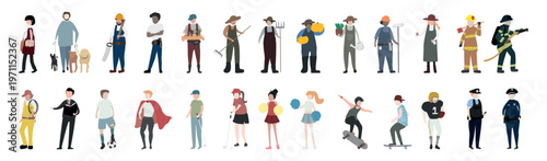Illustration of diverse professions: chef, firefighter, police, and more. Men and women in various roles, showcasing diversity in occupations and careers. Element vector set.