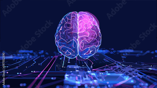A glowing human brain depicted with digital circuitry and network connections
