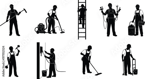 Set of construction workers silhouettes performing cleaning painting repair and maintenance tasks, industrial service workers vector illustration isolated on white background