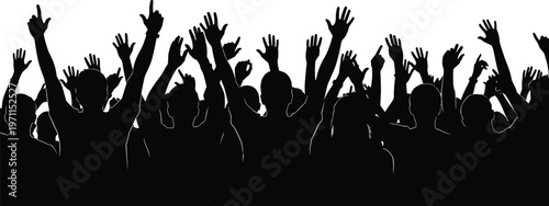 Crowd of people silhouette with raised hands cheering at music concert or festival celebration event, audience having fun at party, vector illustration isolated on white.
