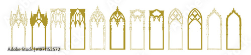 Gothic window frame set, hand drawn medieval arch border collection, cathedral portal silhouette. Fantasy vintage castle doorway, ancient palace ornamental doodle illustration. Gothic window design