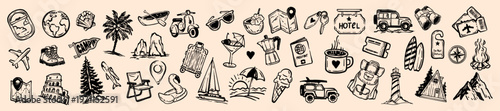 Summer travel doodle icon set, hand drawn holiday vacation illustration, weekend adventure print. Active recreation trekking logo, coastal beach rest, transport sign, camping badge. Travel doodle art
