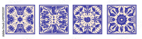 Summer bandana square print, hand drawn coastal tropical pattern tile blue vintage exotic fabric. Ornamental mosaic patchwork handkerchief design sun symbol. Abstract fashion summer bandana background