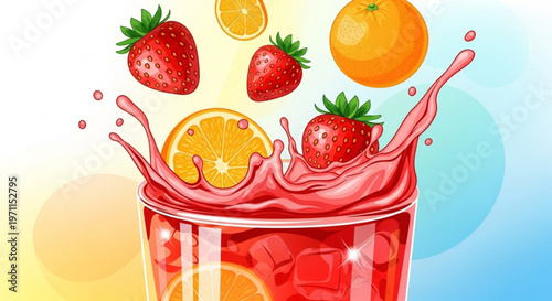 Refreshing strawberry and orange fruit drink with ice cubes and dynamic splashes in a glass