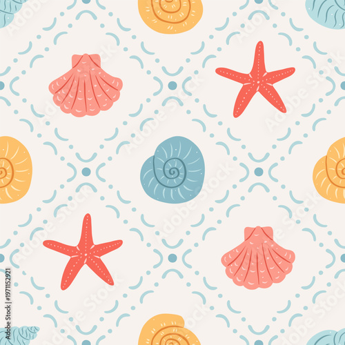 Coquette seamless pattern with hand drawn seashells and starfish. Beach shells. Coastal ocean cute print. Summer vacation background for textile, fabric, wrapping paper. Vector  illustration.