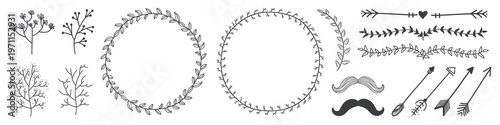 Decorative elements include floral wreaths, arrows, and mustaches. Floral wreaths and arrows add charm. Mustaches and floral wreaths enhance designs. Aesthetic illustrations, isolated vector set.