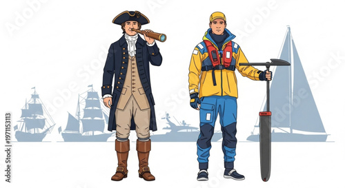 Historical explorer with antique telescope standing next to a modern professional sailor with nautical equipment against ocean vessel silhouettes in background